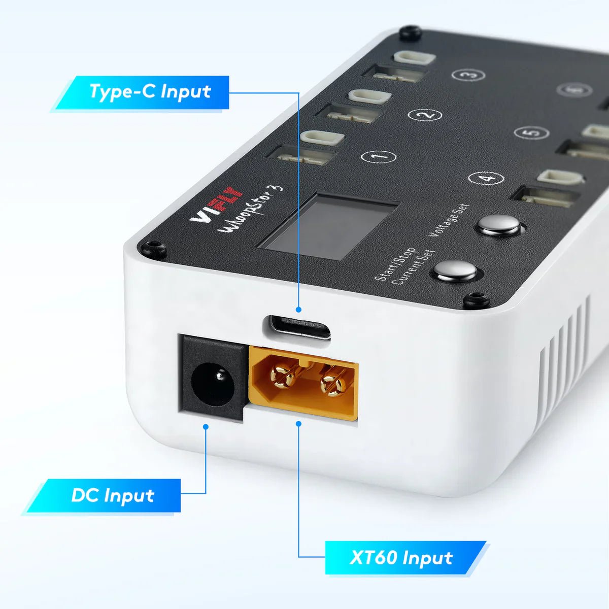 Entradas USB-C, DC e XT60 do WhoopStor 3