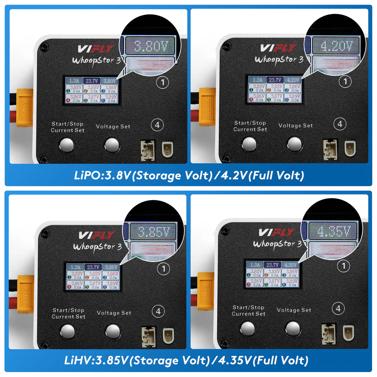 Modos de carga e armazenamento LiPo e LiHV do WhoopStor 3